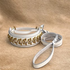 Laurel Deluxe Lasso 2"- white leather collar and leash in one french martingale lazy lasso